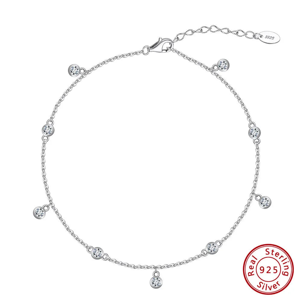 Women's silver anklet with geometric zirconium pendant in gold or platinum finish on adjustable chain