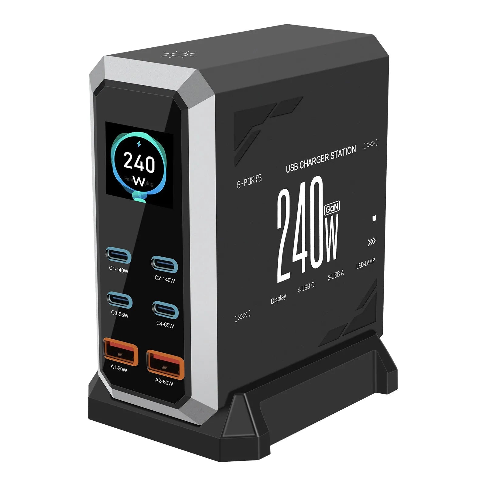 Multi-port USB charger 240W dynamic display black GaN fast charge with UK plug for multiple devices