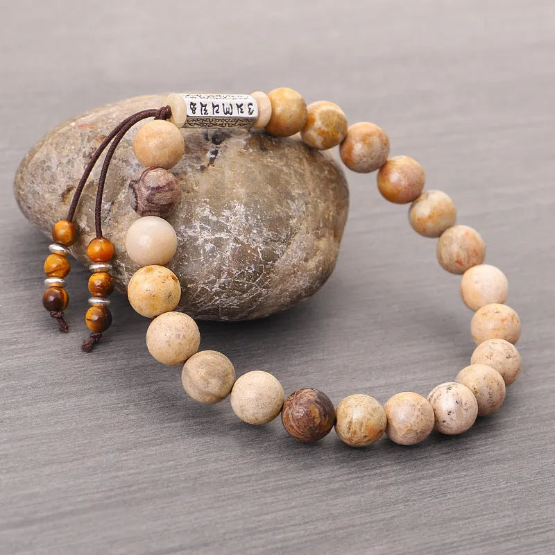 Wood colour stone bead bracelet with handmade construction and retro styling