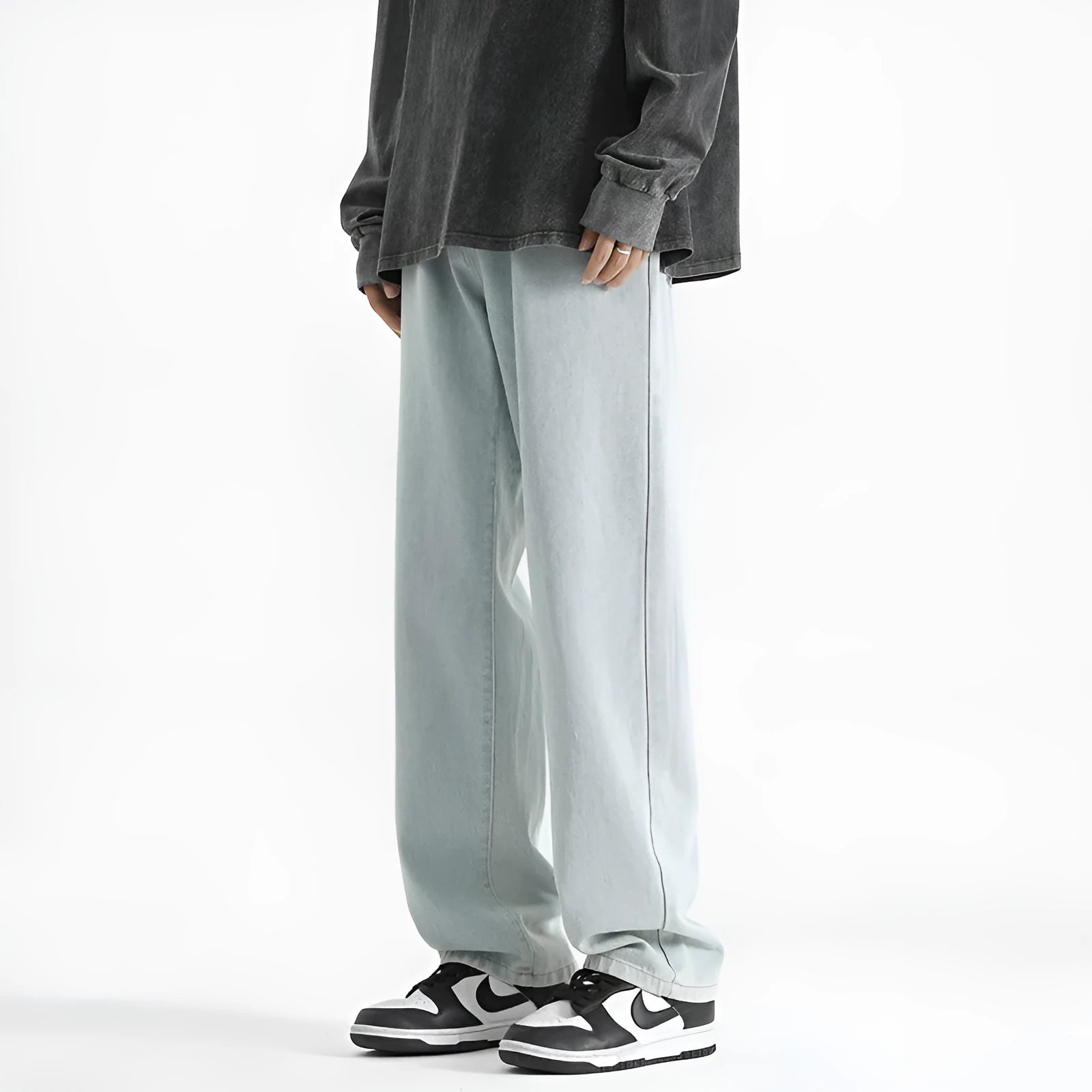 Men's washed straight leg jeans in 882 light blue with button waist closure and straight leg cut