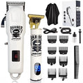 USB rechargeable hair clipper with stainless steel cutter head, plastic body, and charging cable