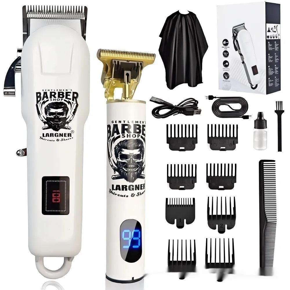 USB rechargeable hair clipper with stainless steel cutter head, plastic body, and charging cable