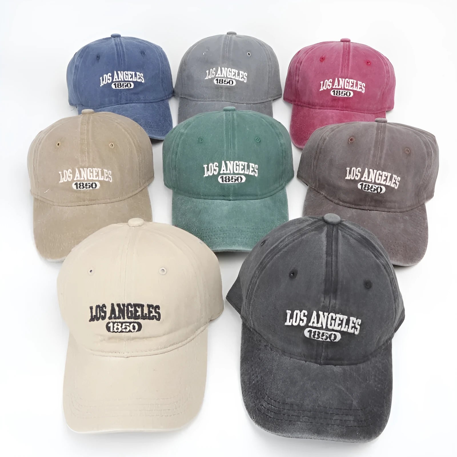 Retro personalised adjustable peaked cap showing distressed letters embroidery on conical crown