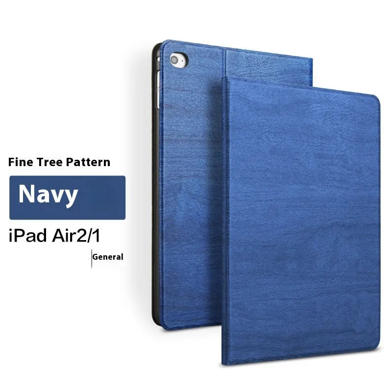 Sapphire blue imitation leather iPad cover with integrated sleep bracket standing upright.