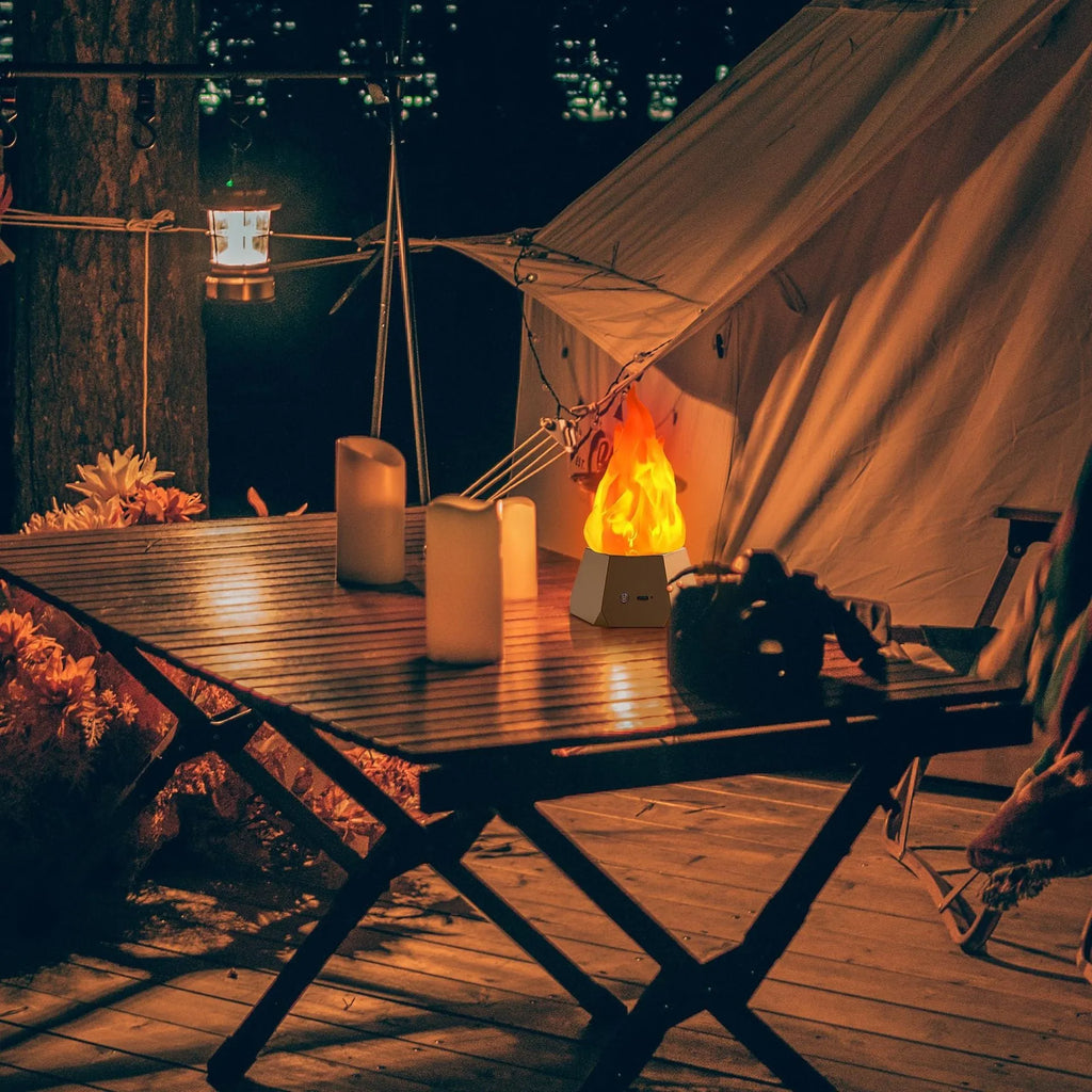 Flame-shaped decorative night light with black charging base for indoor and outdoor use