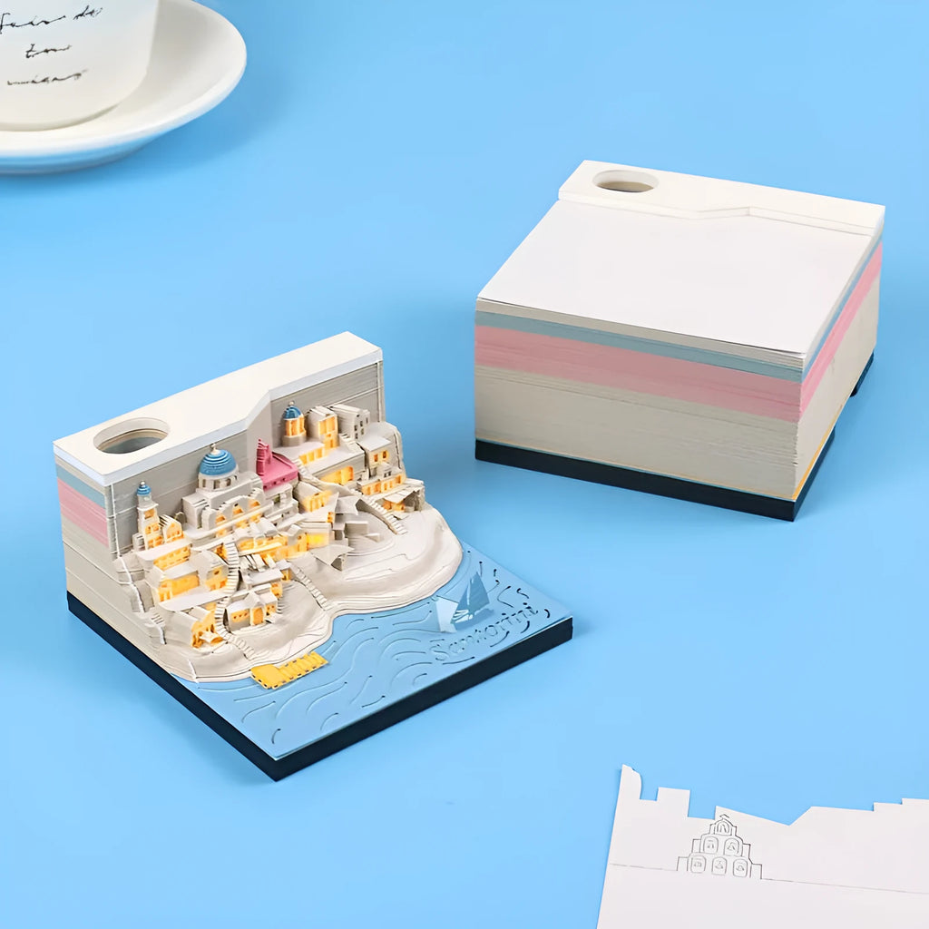 Romantic Santorini 3D notepad paper carving building model with lighting on desk