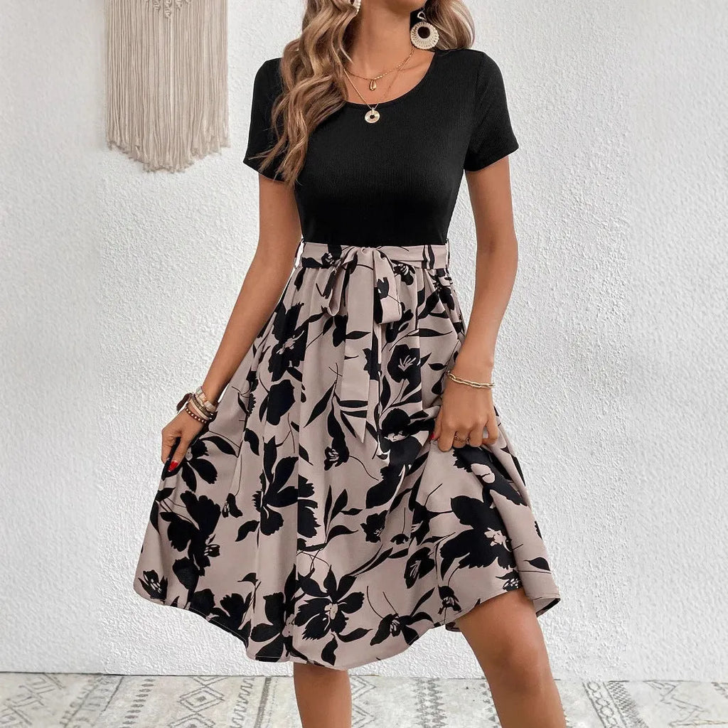 Women's casual print lace-up dress with A-line skirt and shoulder strap detail in khaki colour