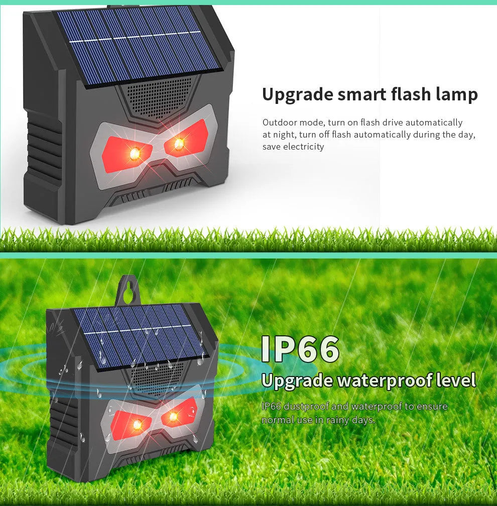 Black solar ultrasonic animal repeller device for outdoor pest control with animal-themed design