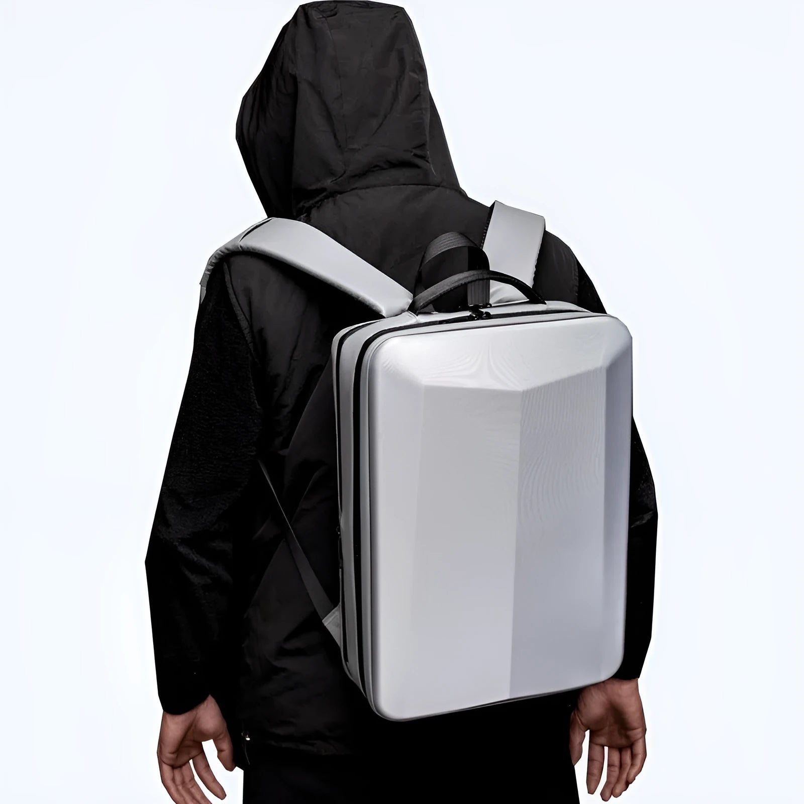 Waterproof ABS PC business backpack in black and silver white colour options showing curved shoulder straps