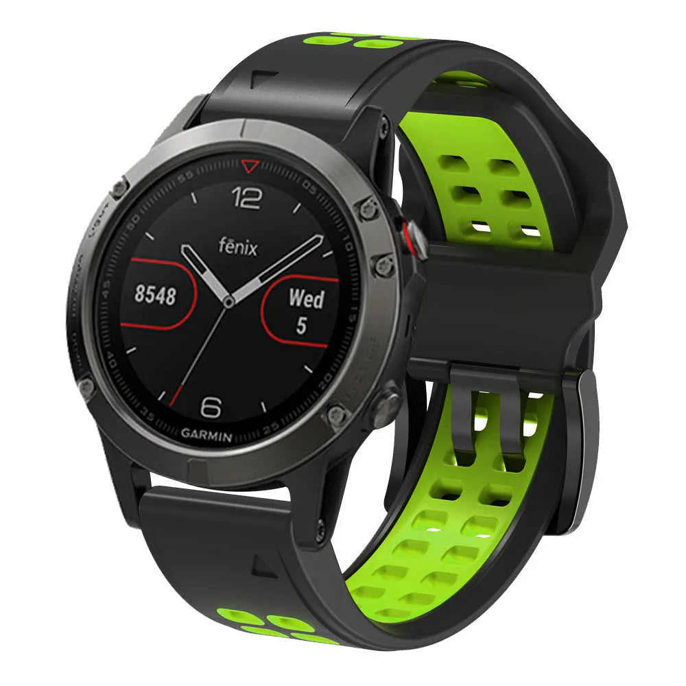 Two-tone quick release silicone watch strap on a pin buckle, shown in an army green and black colour combination.