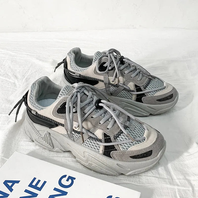 Men's Korean style white platform dad shoes with lace-up front and mesh lining.