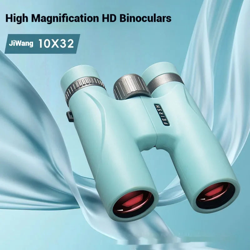 Blue or grey coloured 10x32 plastic binoculars with 32mm objective lenses.