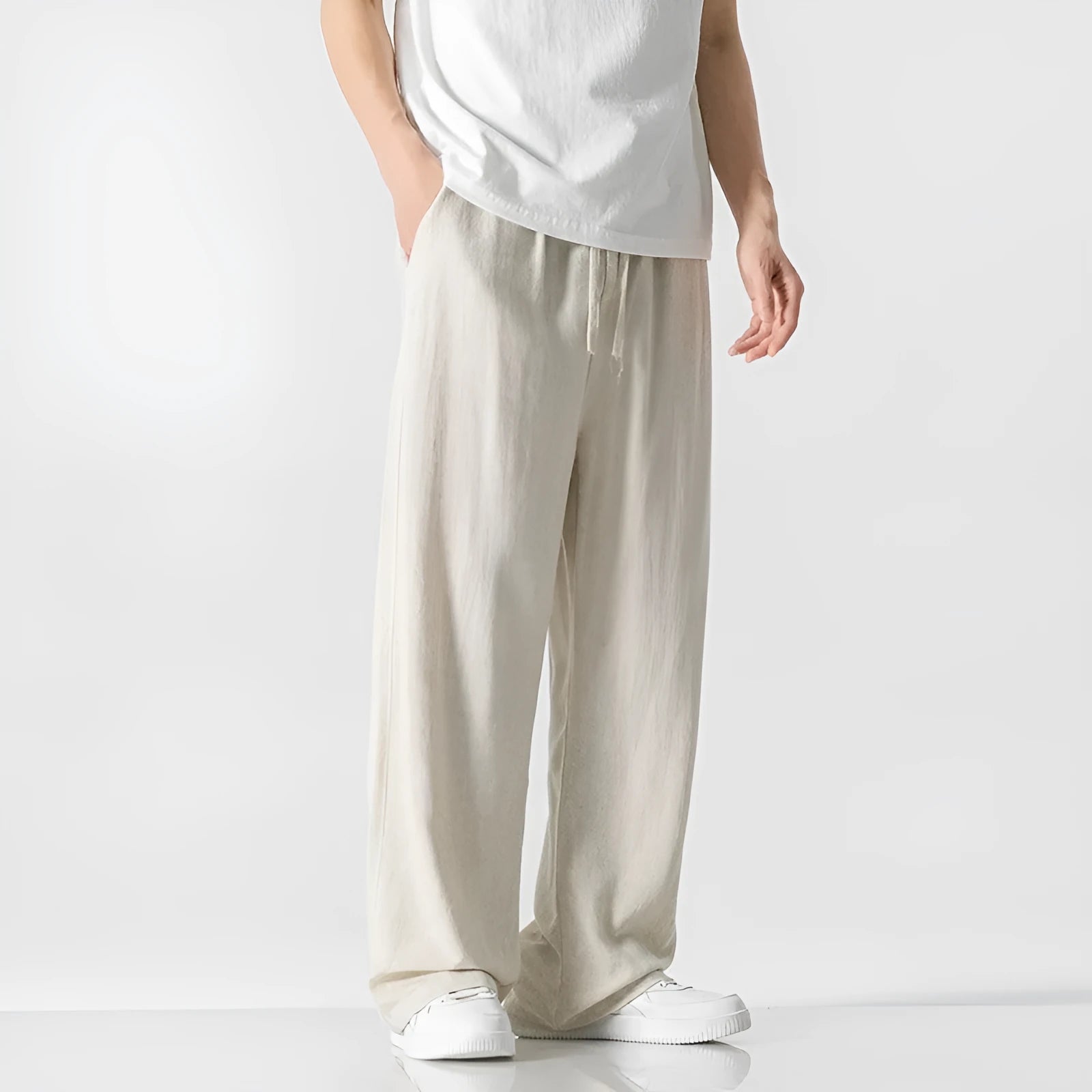 Men's bamboo linen straight-leg trousers in cropped length with drawstring waist