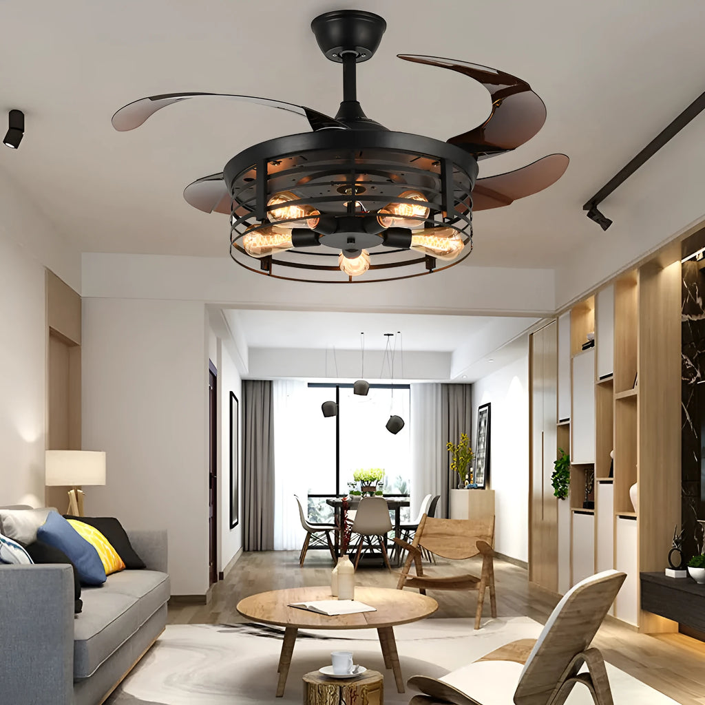 American retro ceiling fan lamp with invisible acrylic blades and integrated light fixture