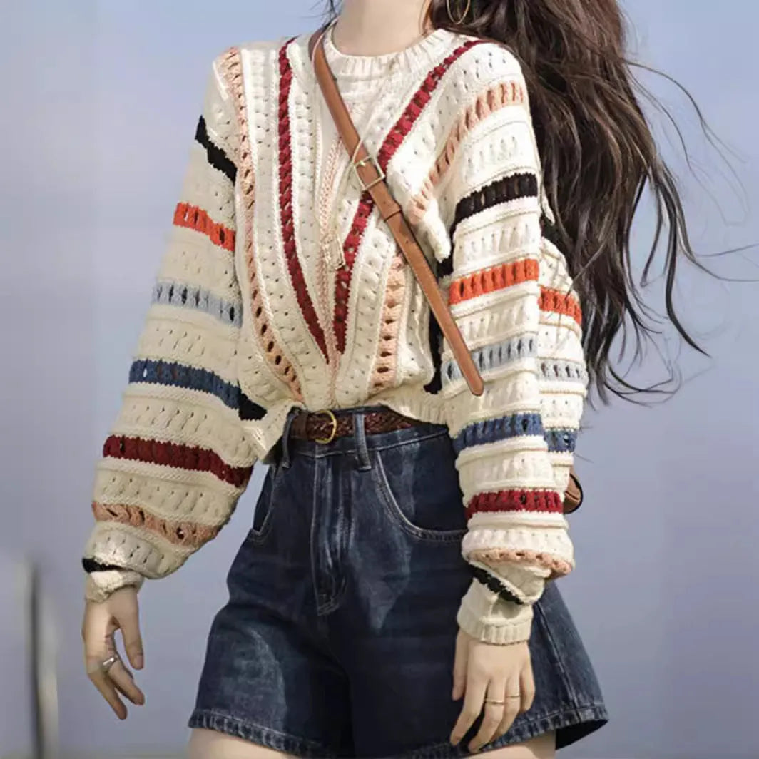 Retro rainbow stripe hollow knit sweater with batwing sleeves in Japanese Korean casual style