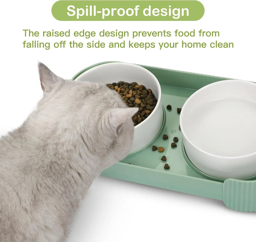 Ceramic elevated cat bowls with 15-degree tilted design in green, white, or yellow colour options