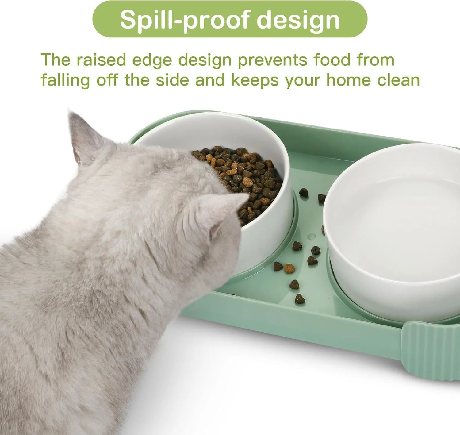 Ceramic elevated cat bowls with 15-degree tilted design in green, white, or yellow colour options