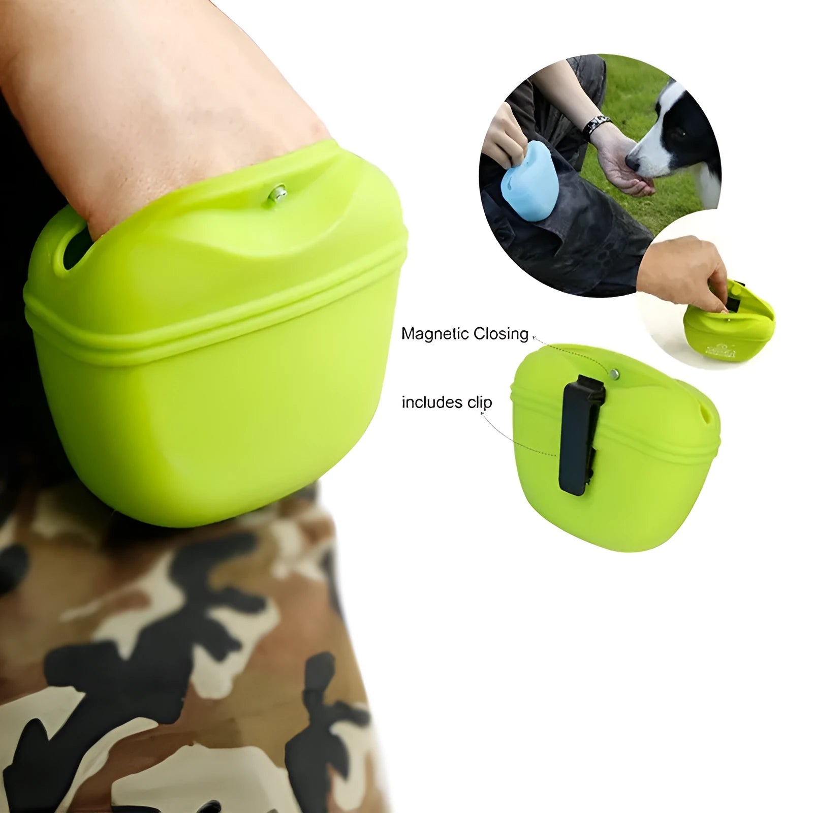 Silicone dog treat training bag with clip for belt attachment and magnetic closure