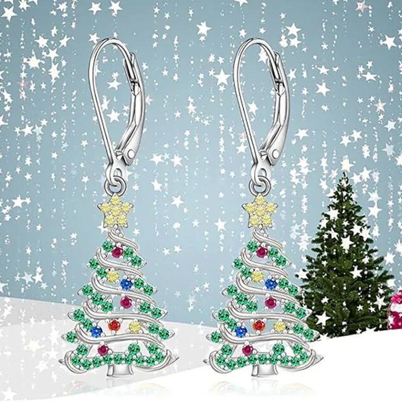 Women's Christmas tree pendant earrings in white gold colour with star detail and copper construction