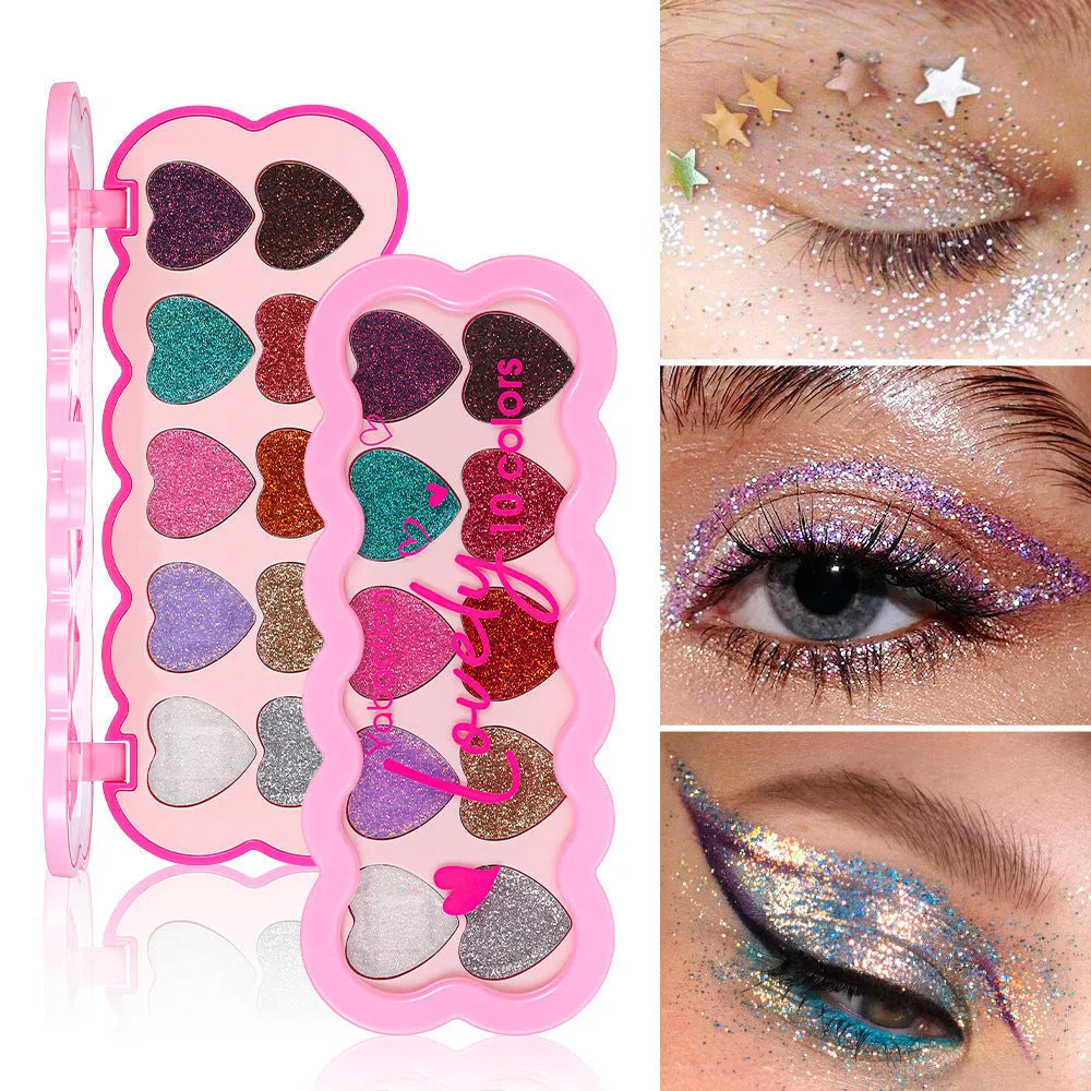 Pearlescent Heart ten-colour sequin eye shadow palette open showing shimmering shades