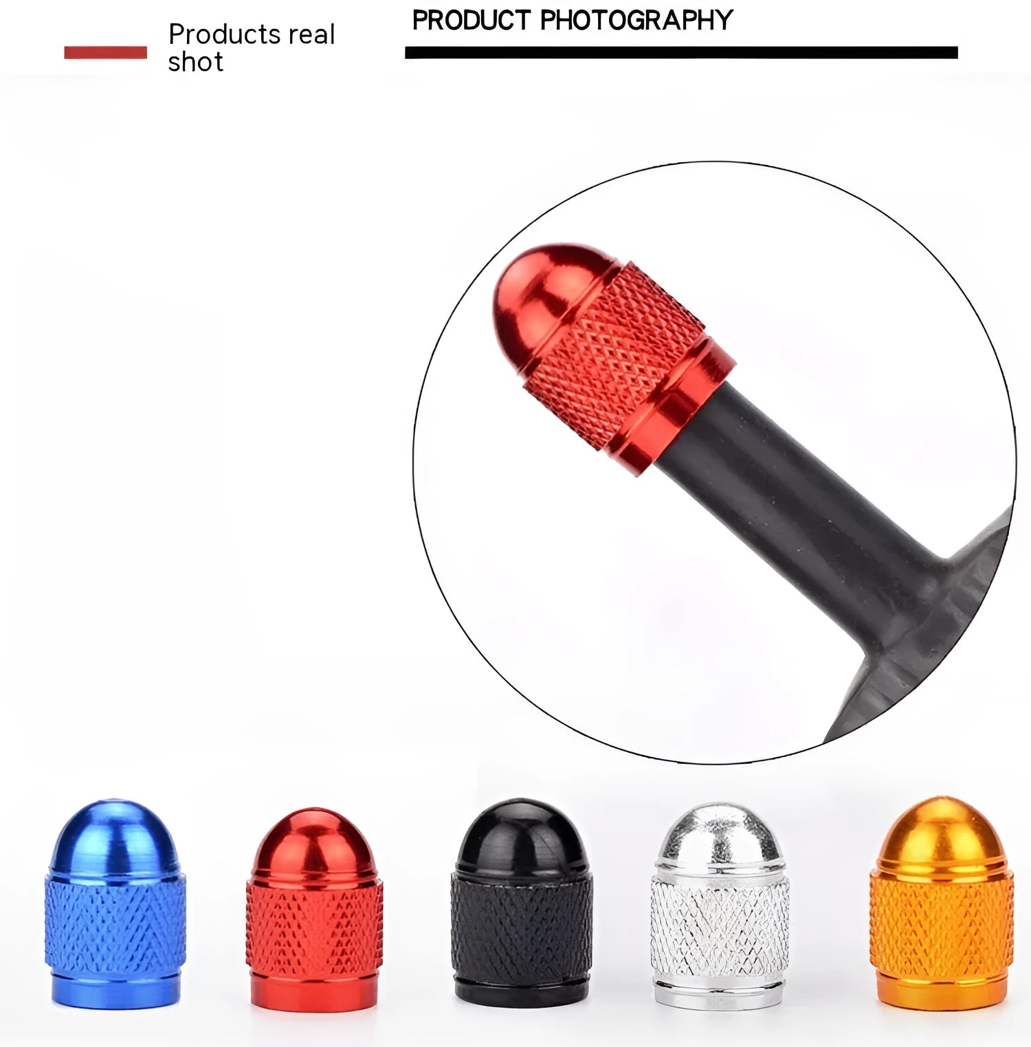 Aluminium alloy mountain bike tyre valve cap in choice of five colours.