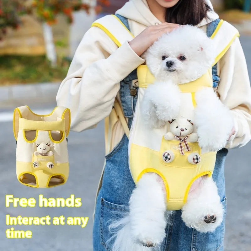 Canvas pet chest bag with animal pattern and colourful stitching in portable design for cat transport