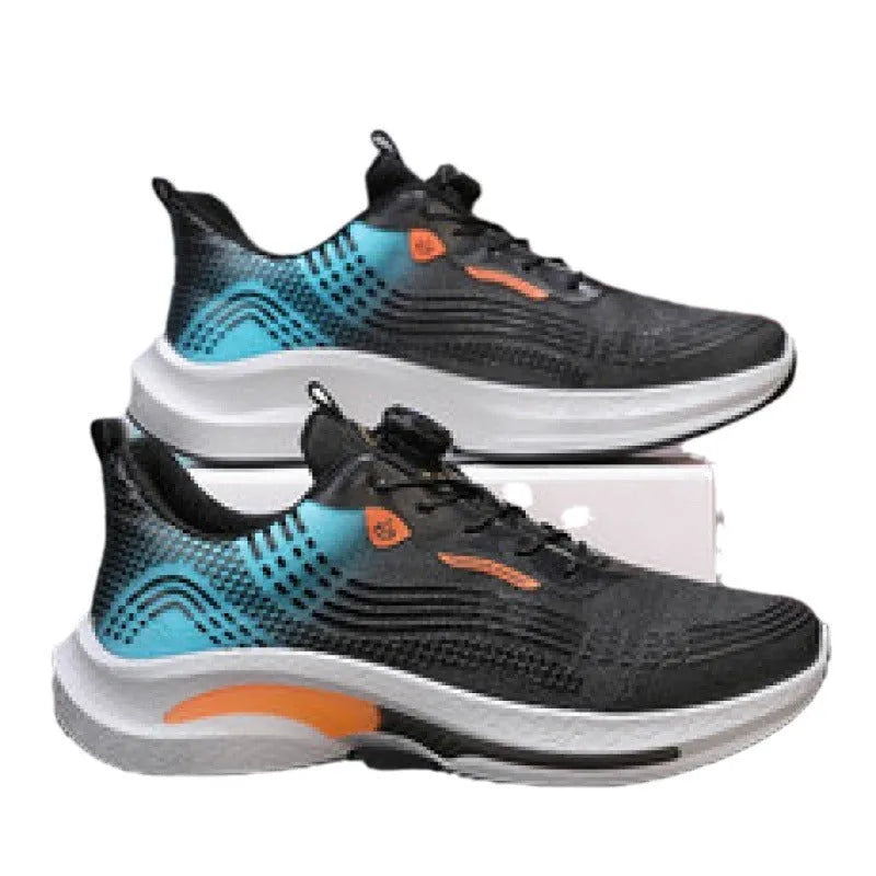 Men's low-top white and blue mesh sneakers with a rotating buckle closure and rubber sole.