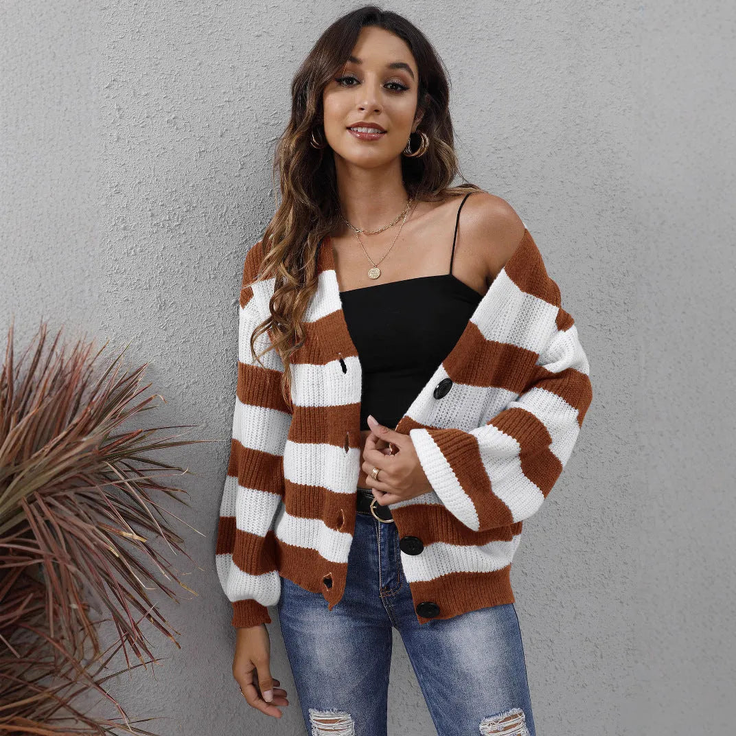 Women's striped cardigan sweater in deer plush polyester fabric with button stitching detail