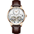 Men's automatic wristwatch with tourbillon and moon phase on dial, titanium case, metal bracelet.