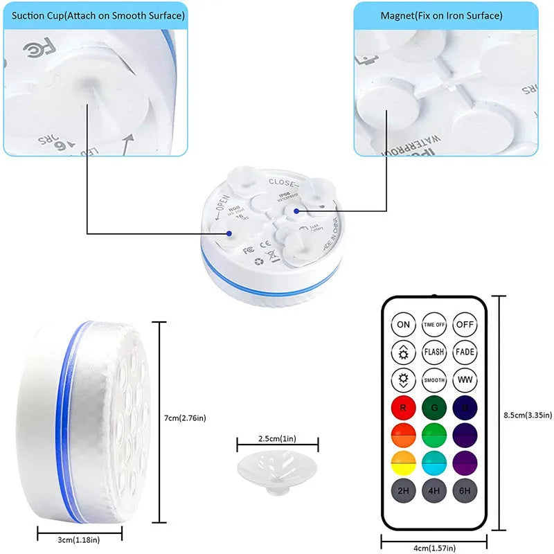 Remote control colour changing diving light with IP68 waterproof rating for indoor and outdoor illumination