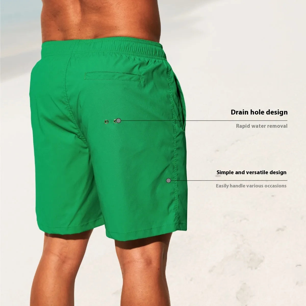Men's solid colour quick-drying nylon sports shorts on a hanger, showing straight leg design