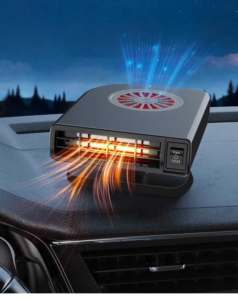 Black 12V vehicle-mounted defroster heater with adjustable vents on a car dashboard.