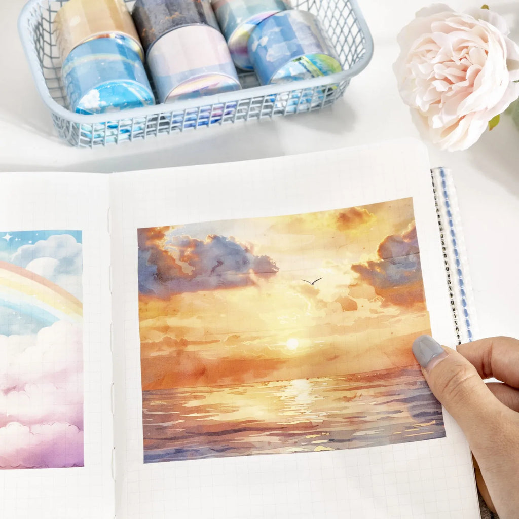Roll of Japanese paper decorative tape with sky theme designs including clouds and nebula, labelled 30mm width.