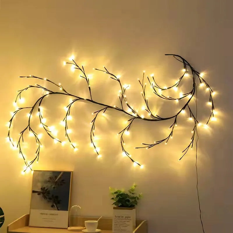 Flexible artificial willow vine LED garland with warm white lights on birch bark texture branches