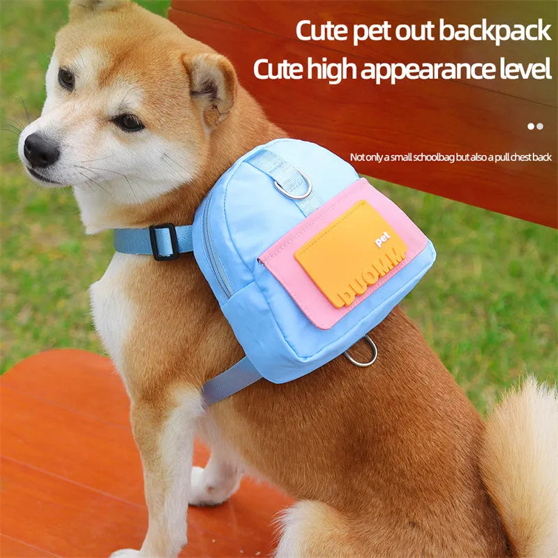 Blue adjustable dog backpack with snack storage compartments and breathable mesh panels