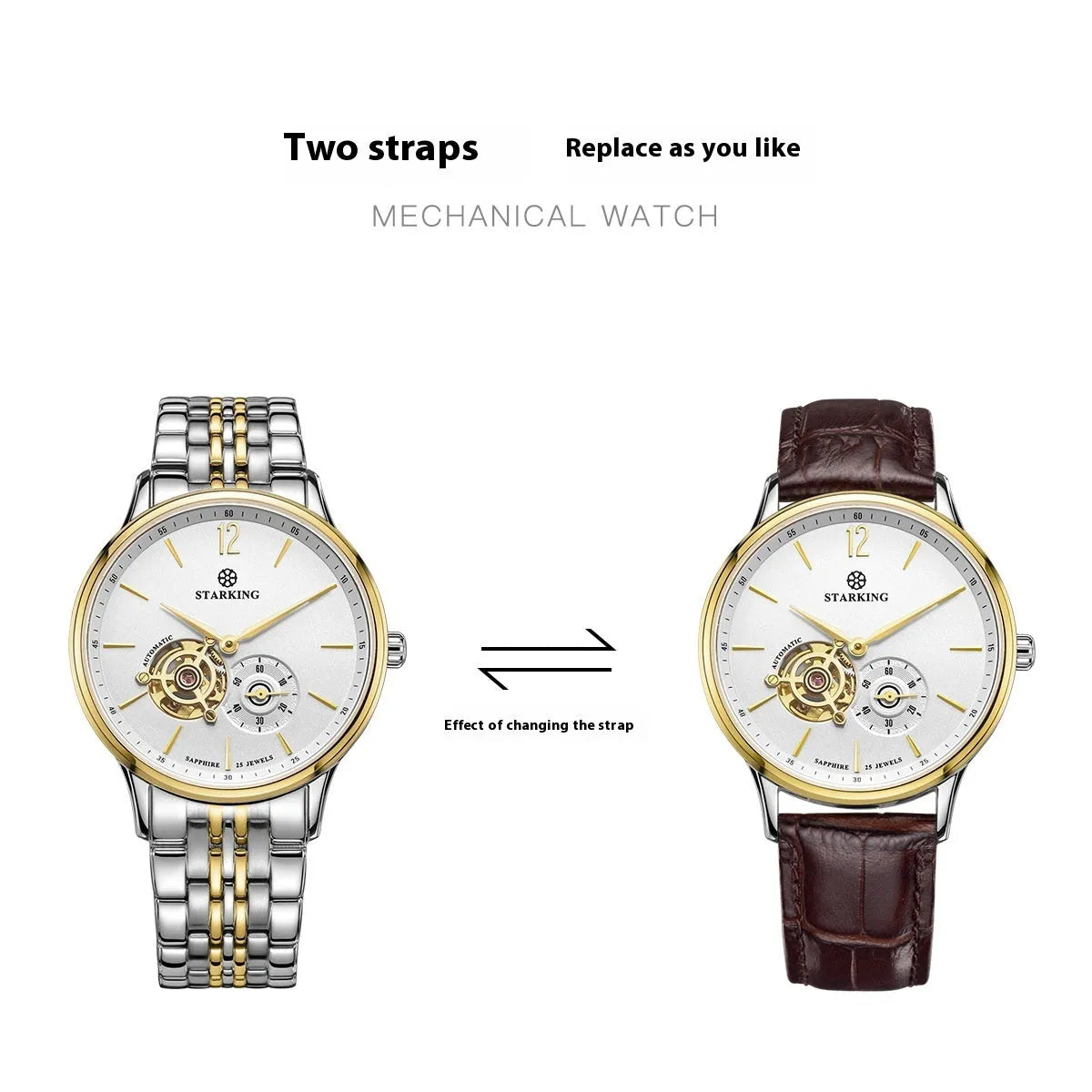 Automatic mechanical men's watch with brown leather strap and stainless steel case showing hollow three-needle dial design