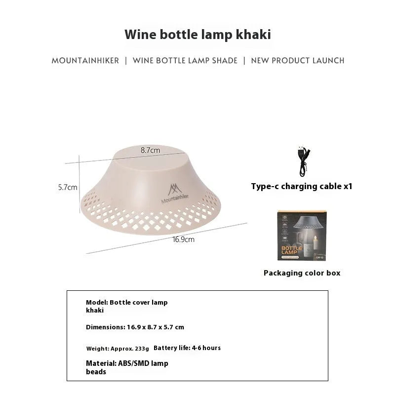 Beige wine bottle-shaped camping lantern with USB-C charging port and LED light