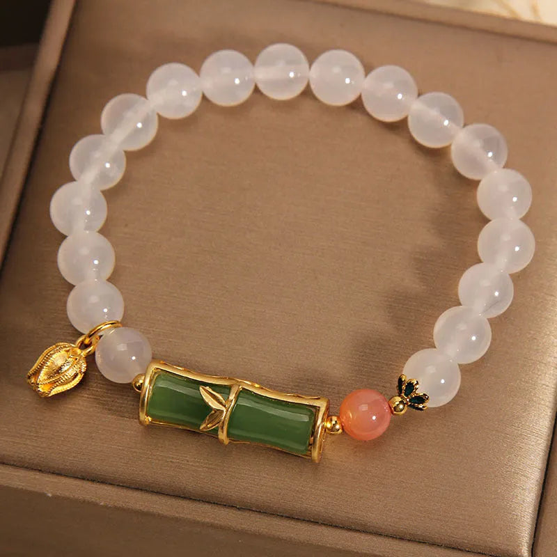Women's white agate and jade bamboo joint bracelet with natural stone finish