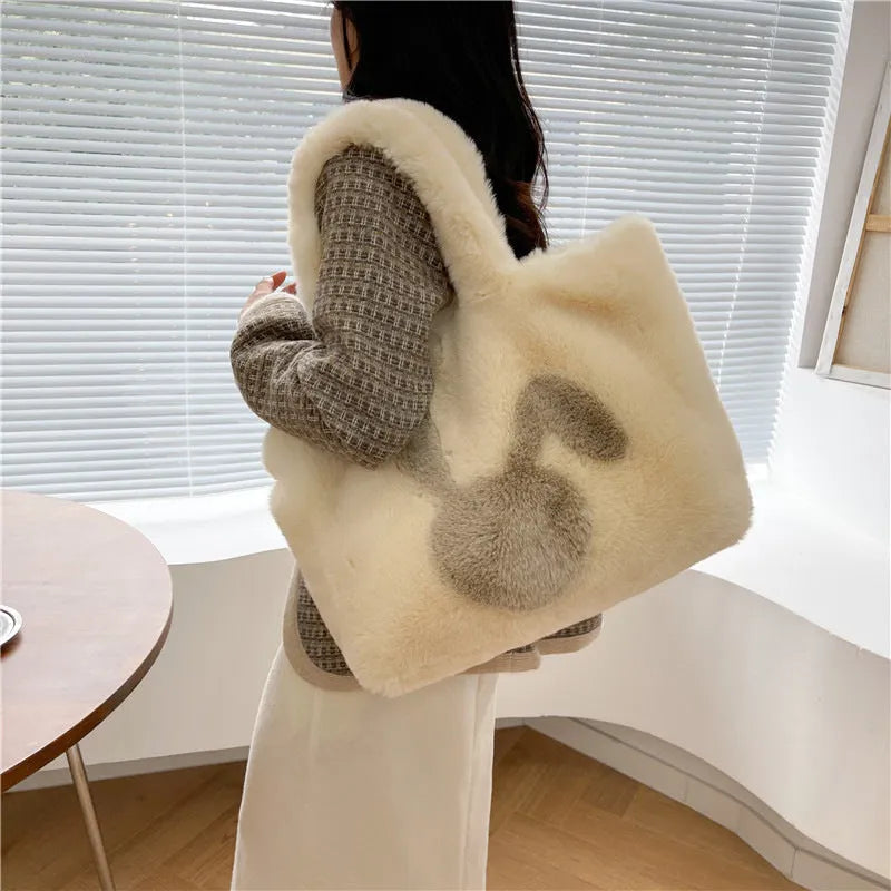 Cartoon rabbit ears plush shoulder tote bag in a solid colour with large capacity