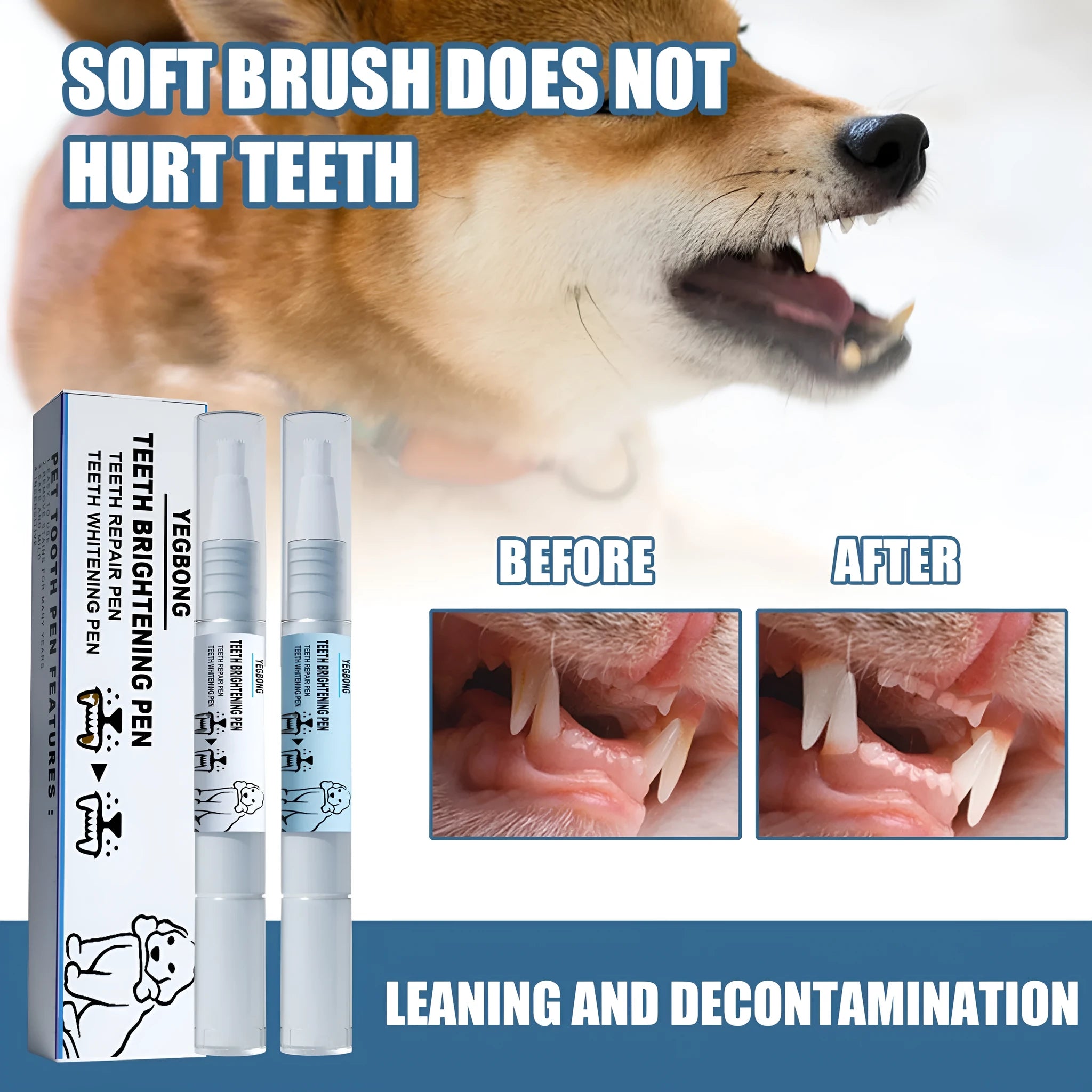 Yegbong white pet teeth whitening pen with two dental brushes for dog and cat tartar removal