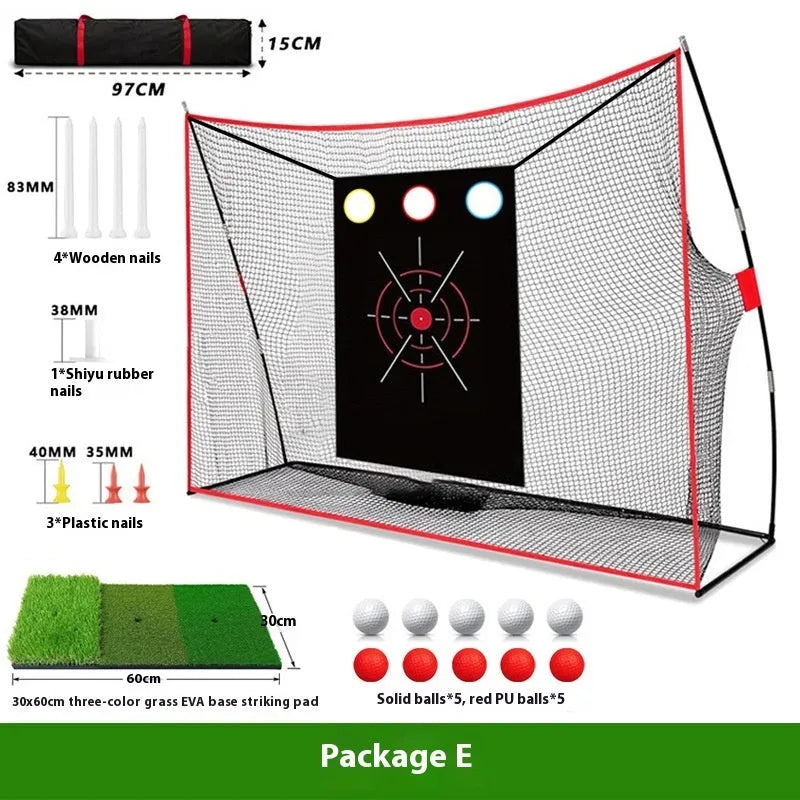 Golf swing wedge training net with 3-hole target, straw mat, practice balls and accessories