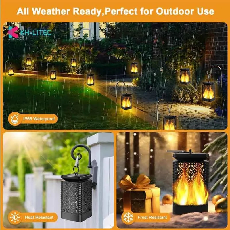 Black solar hanging flame torch light with flickering LED effect for outdoor garden decoration
