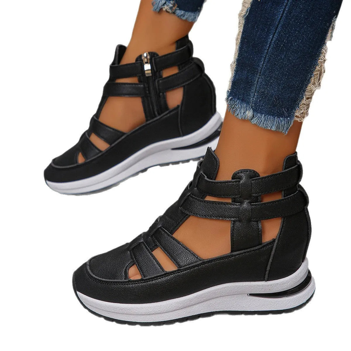 Women's black close-toed hollow-out platform sandals with Velcro fastening
