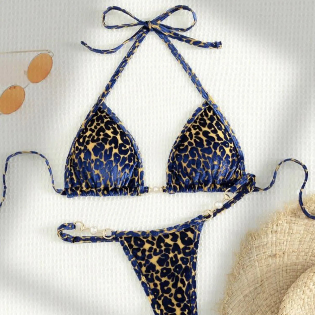 Pearl leopard print swimsuit bikini set with polyester fabric in blue and green leopard patterns