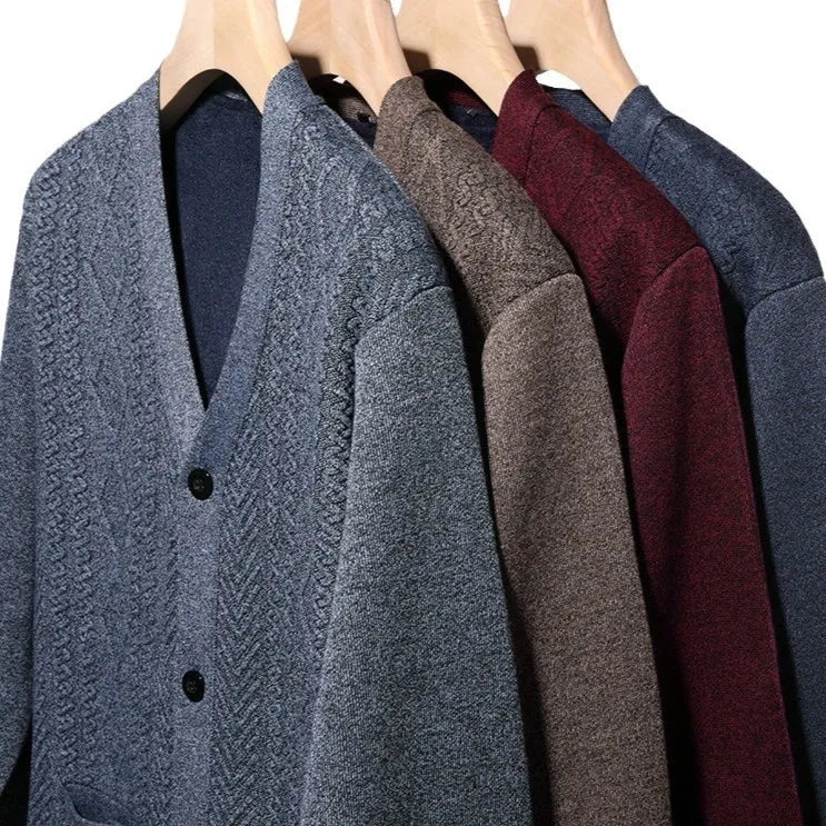 Men's striped cardigan sweater in brown, available in plus sizes with a wool lining.