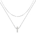 Sterling silver double layer cross pendant necklace with diamond cut treatment on clavicle chain