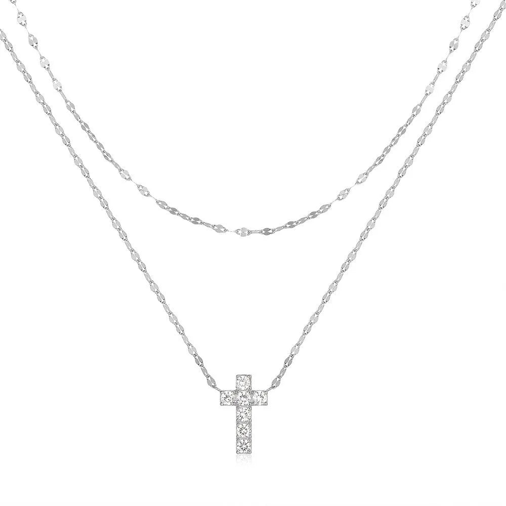 Sterling silver double layer cross pendant necklace with diamond cut treatment on clavicle chain