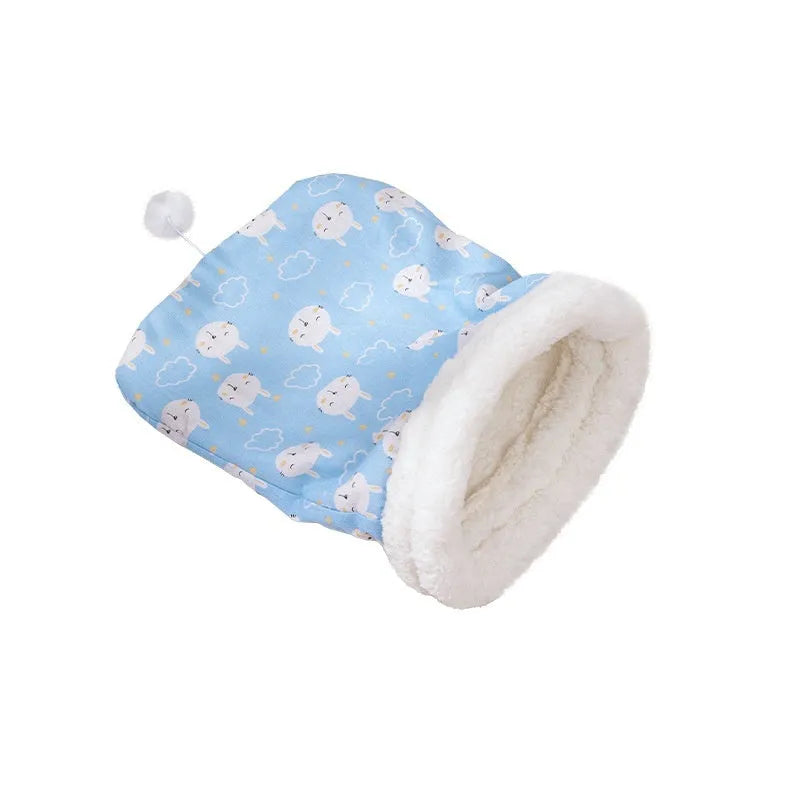 Blue rabbit patterned flannel cat sleeping bag nest measuring 50 by 40 centimetres.