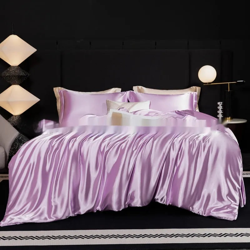 Silk bed sheets four-piece set in solid colour with flat sheet, fitted sheet and two pillowcases
