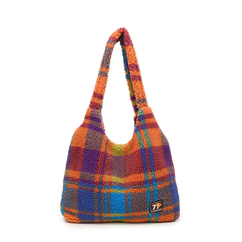 Women's soft plush plaid crossbody tote bag in Army Green showing large capacity and strap-free design.